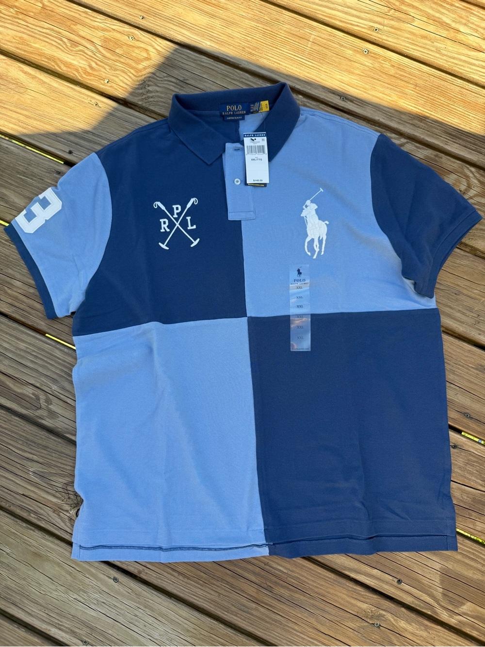 Ralph Lauren Men’s Two-Tone Navy and Light Blue Block Polo Custom Slim Fit XXL/T
